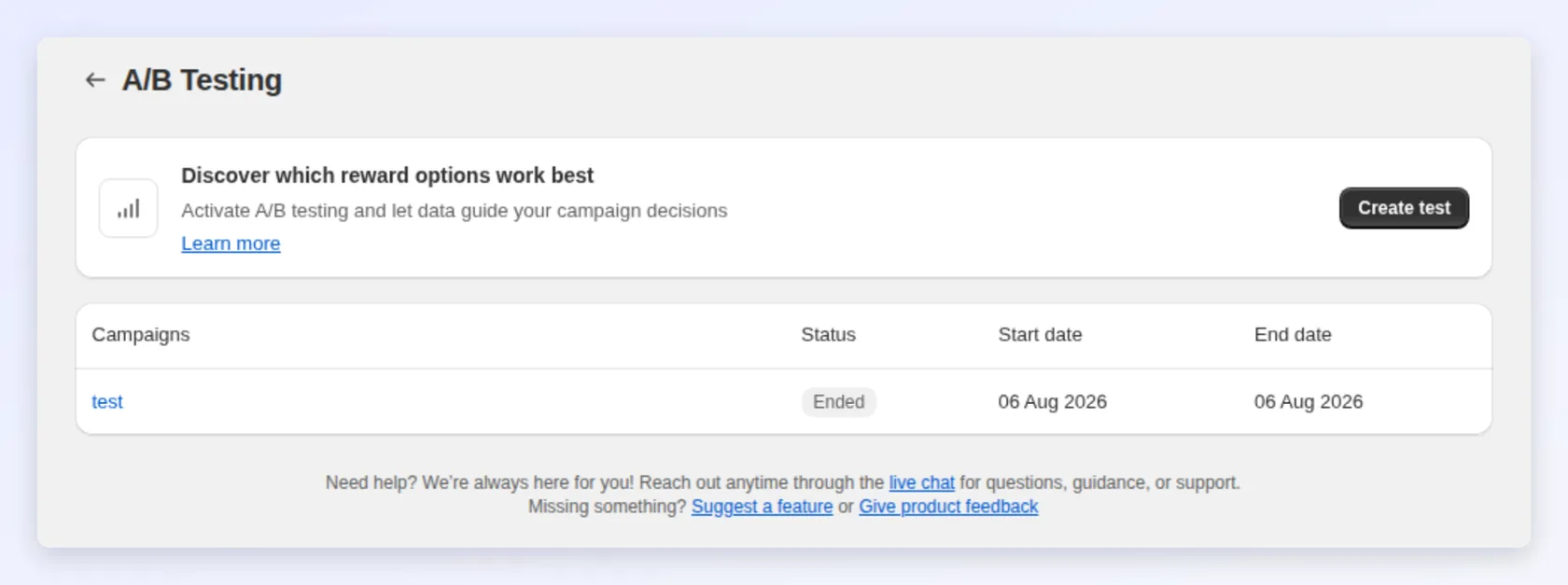 The A/B Testing page with past tests