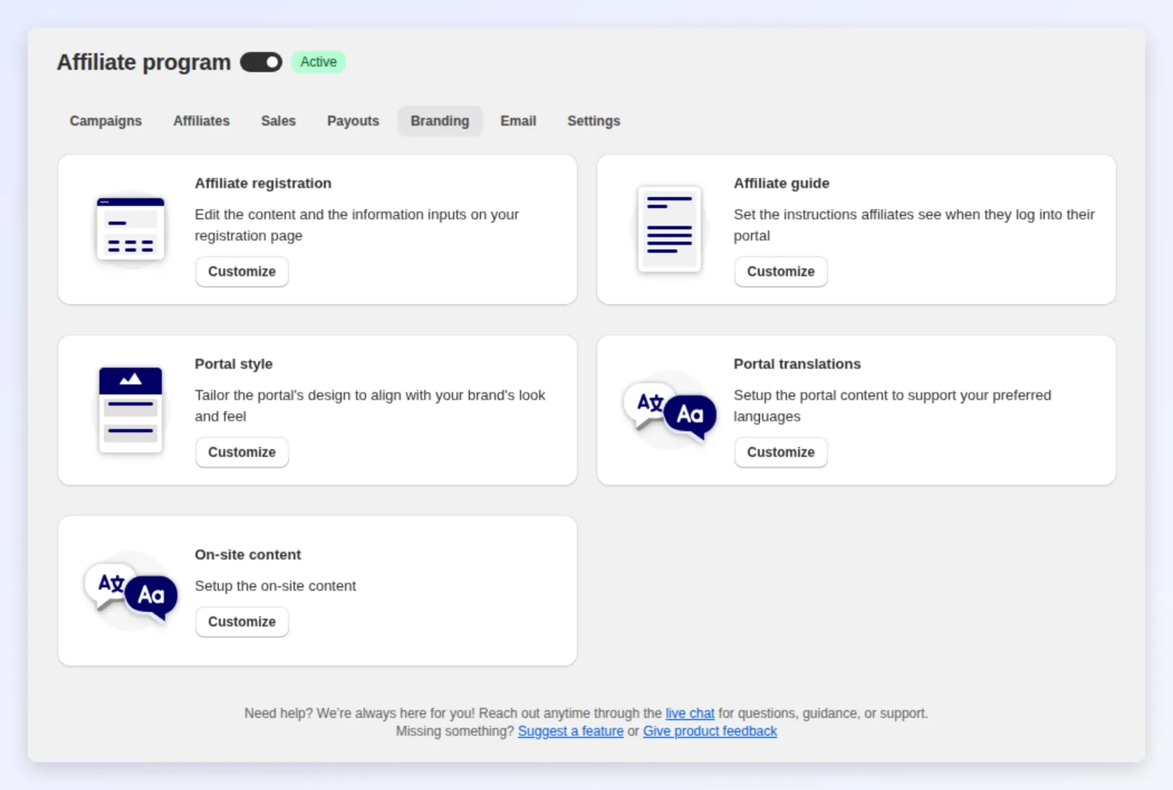 Affiliate branding cards: registration, guide, portal style, translations and on-site content
