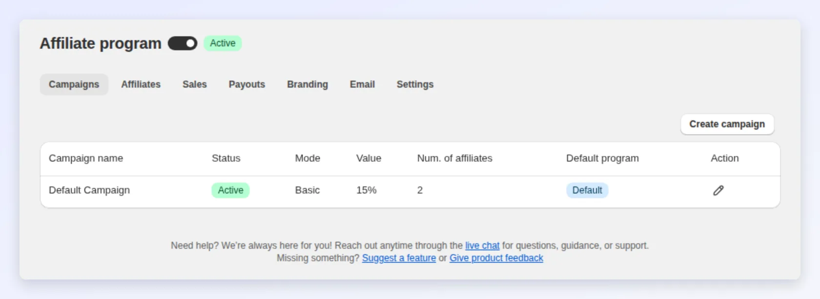 The Default Campaign paying 15% commission in the Campaigns tab