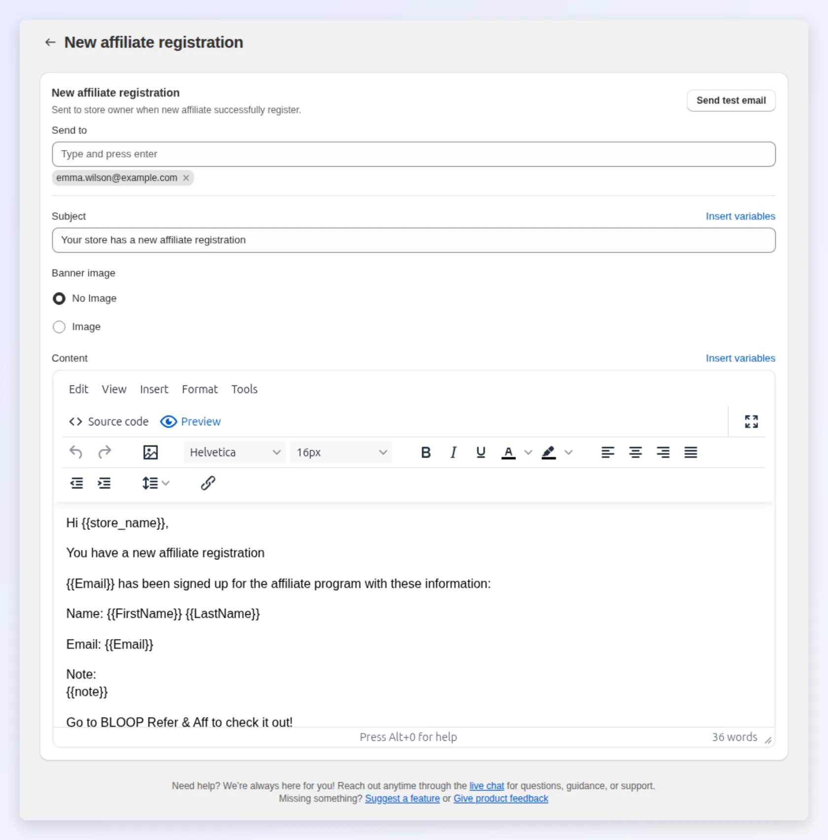 Editing the New affiliate registration email