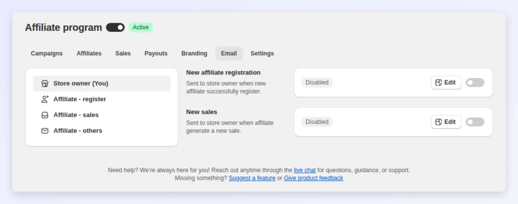 Affiliate emails with on/off switches