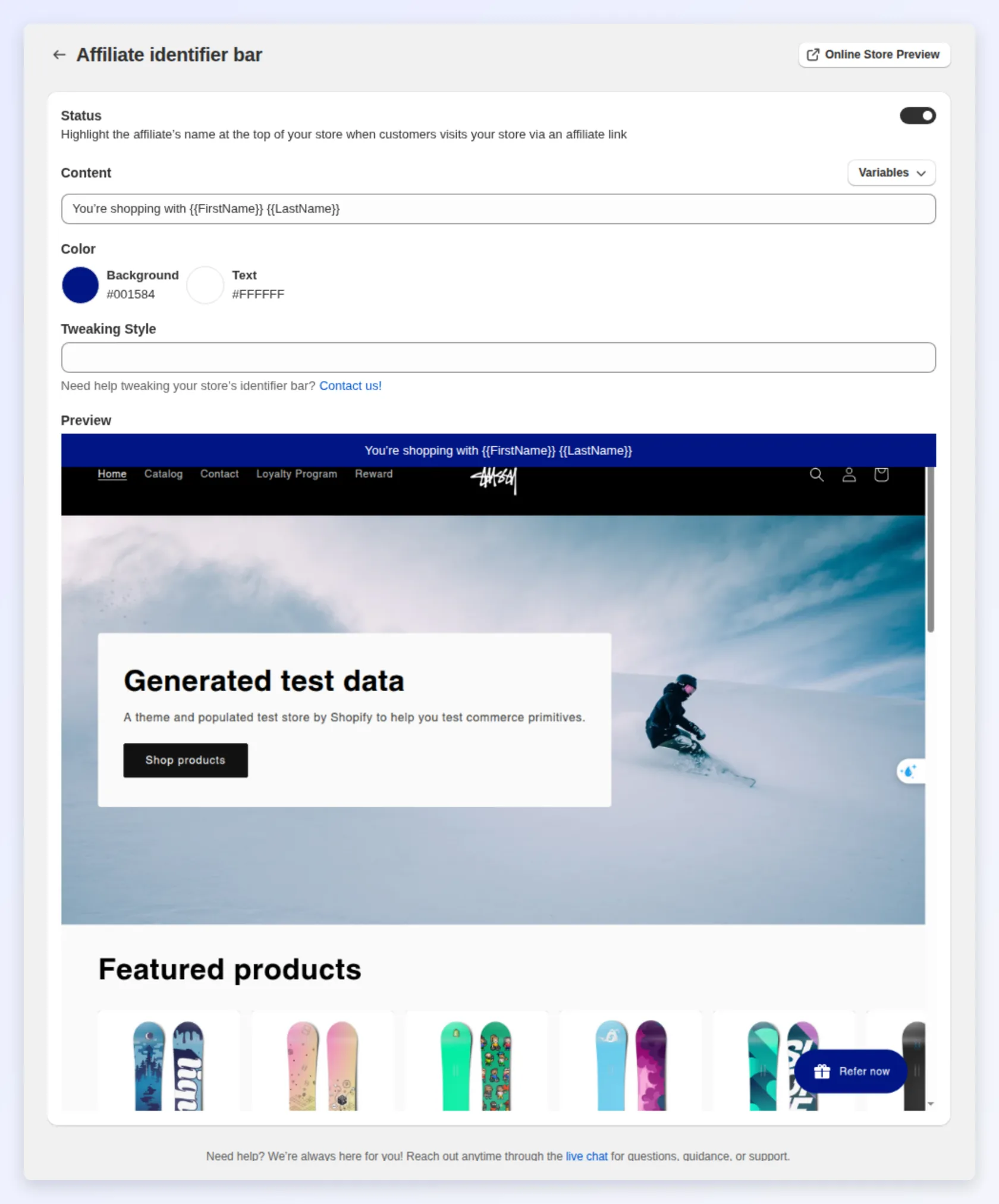 The affiliate identifier bar settings with a storefront preview