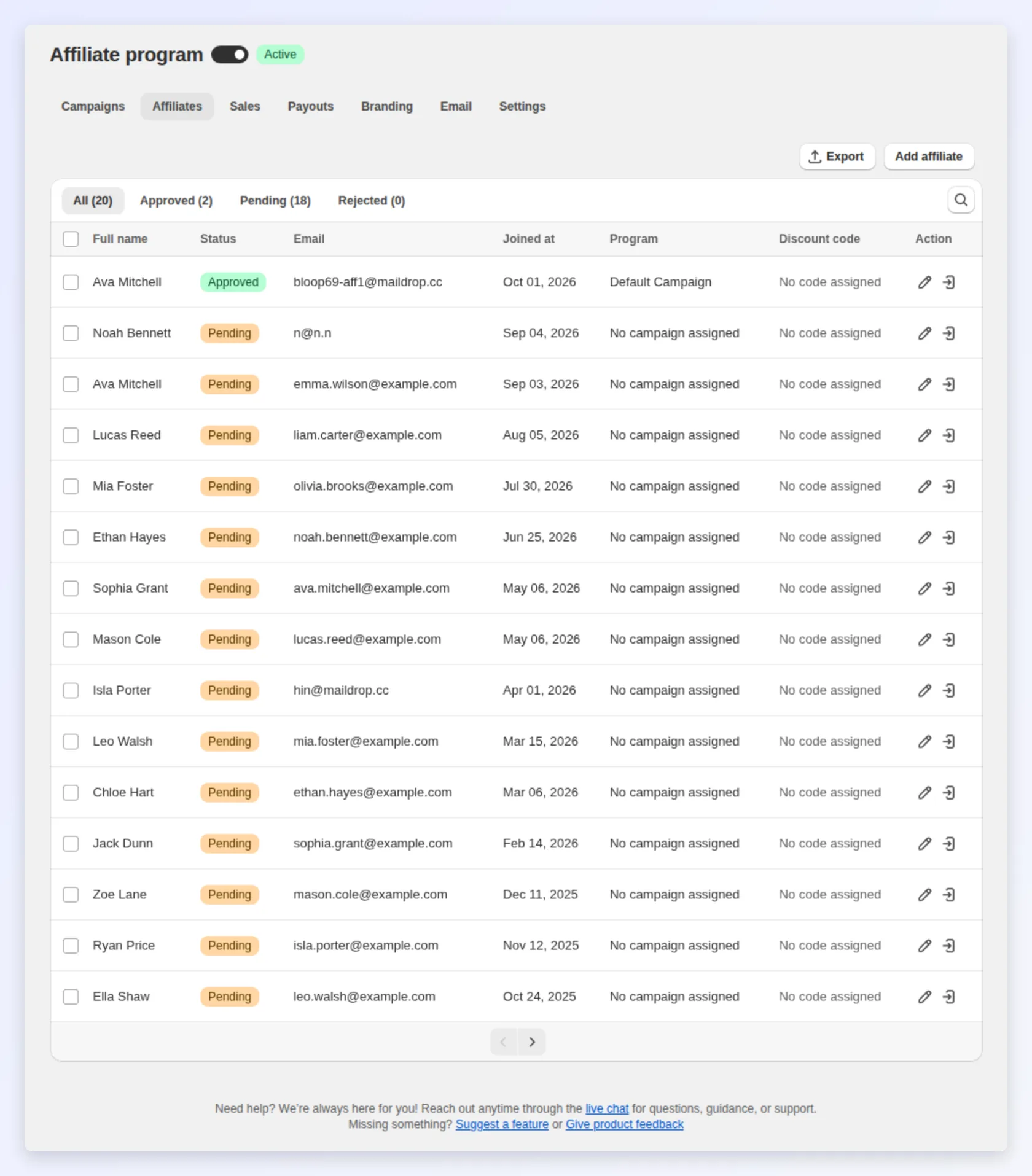 The Affiliates tab