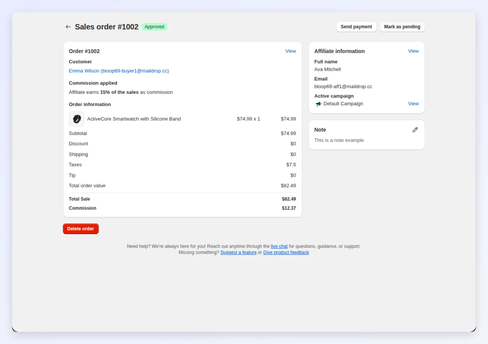 An approved sale with Send payment and Mark as pending actions