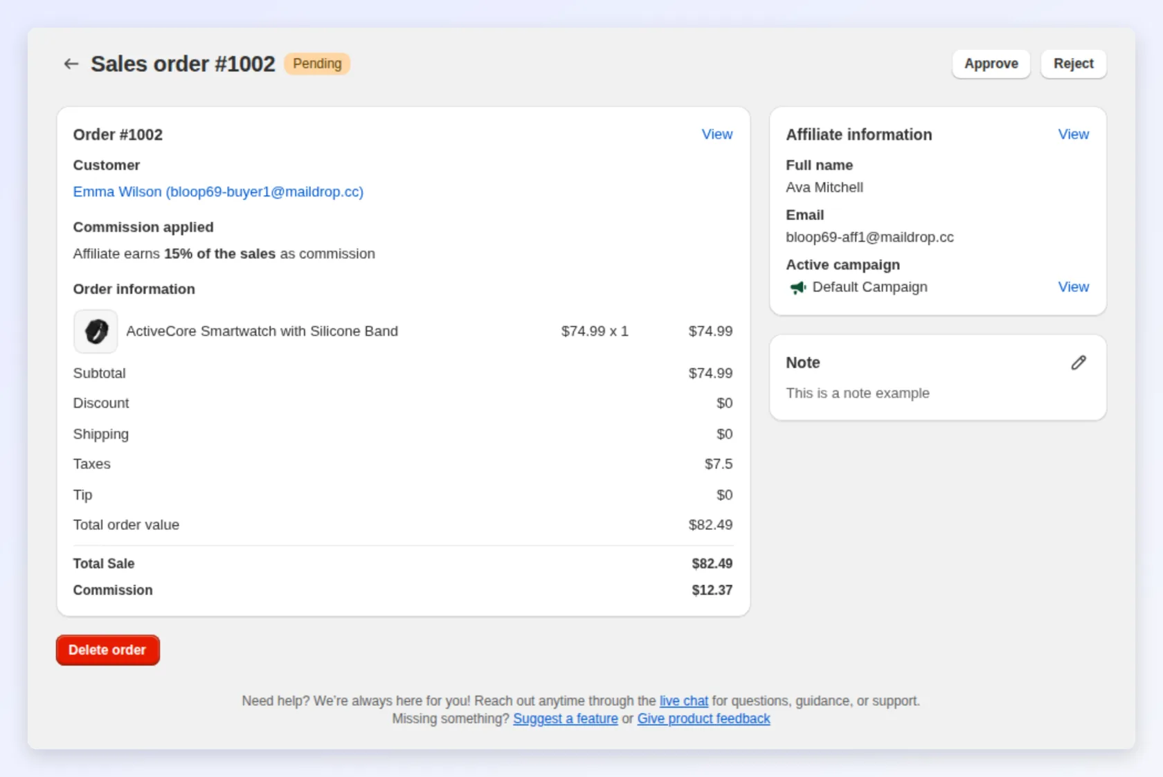 A sale with commission applied, order information and Approve or Reject