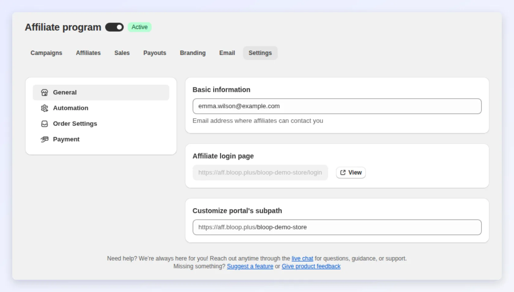 Affiliate Settings: general information and portal login page