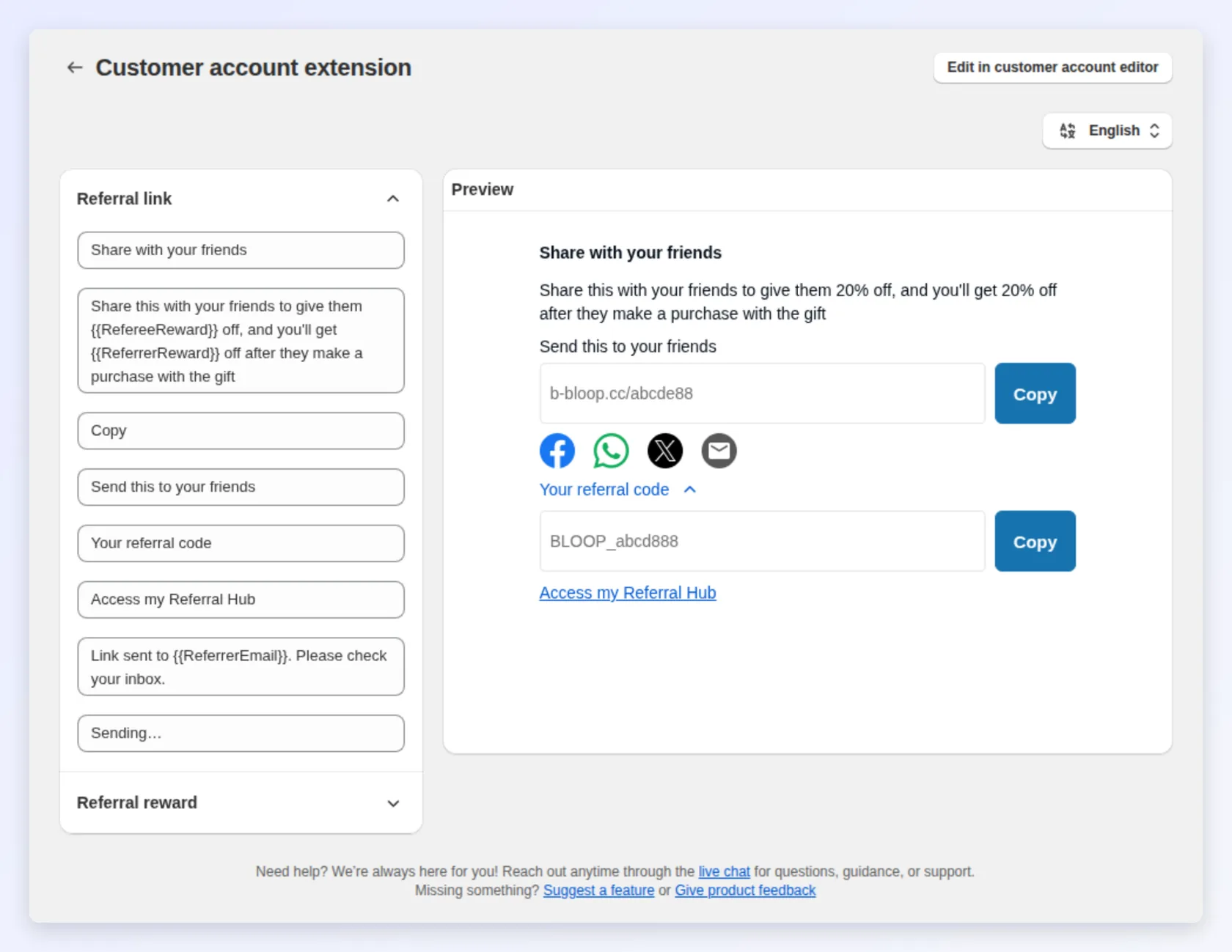 Customer account extension text and preview