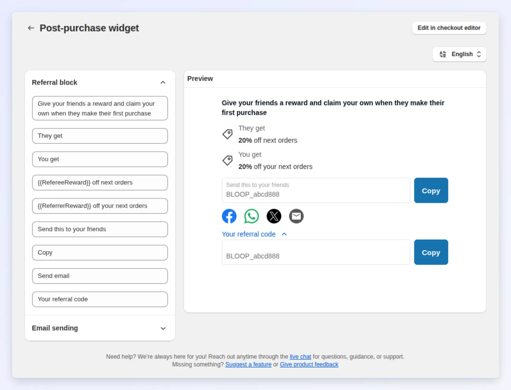 Post-purchase widget text and preview