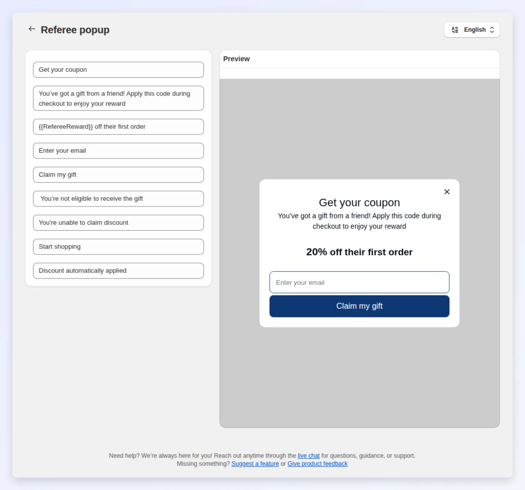 Editing the referee popup text with preview