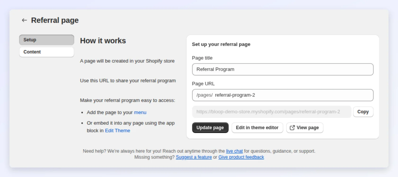 Referral page setup: page title, URL and the theme editor link