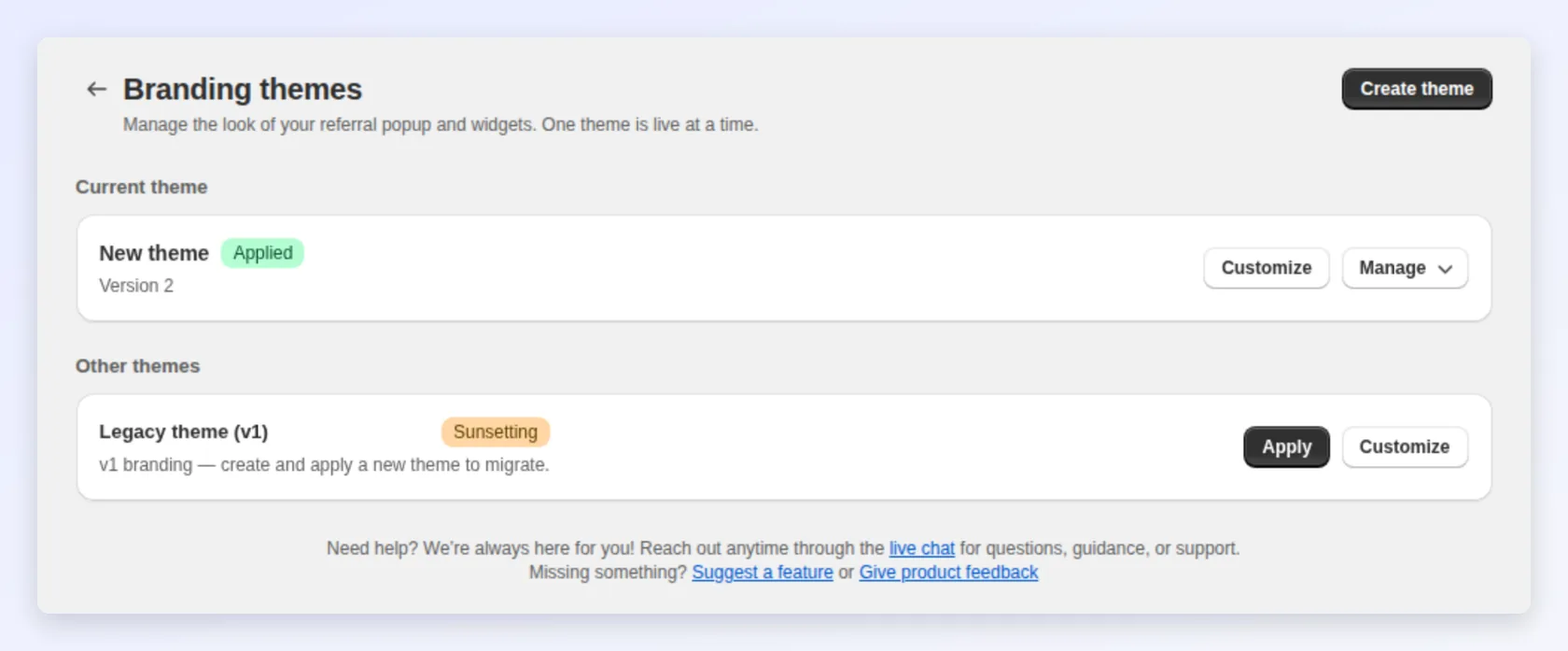 Branding themes library with the applied theme and a legacy theme