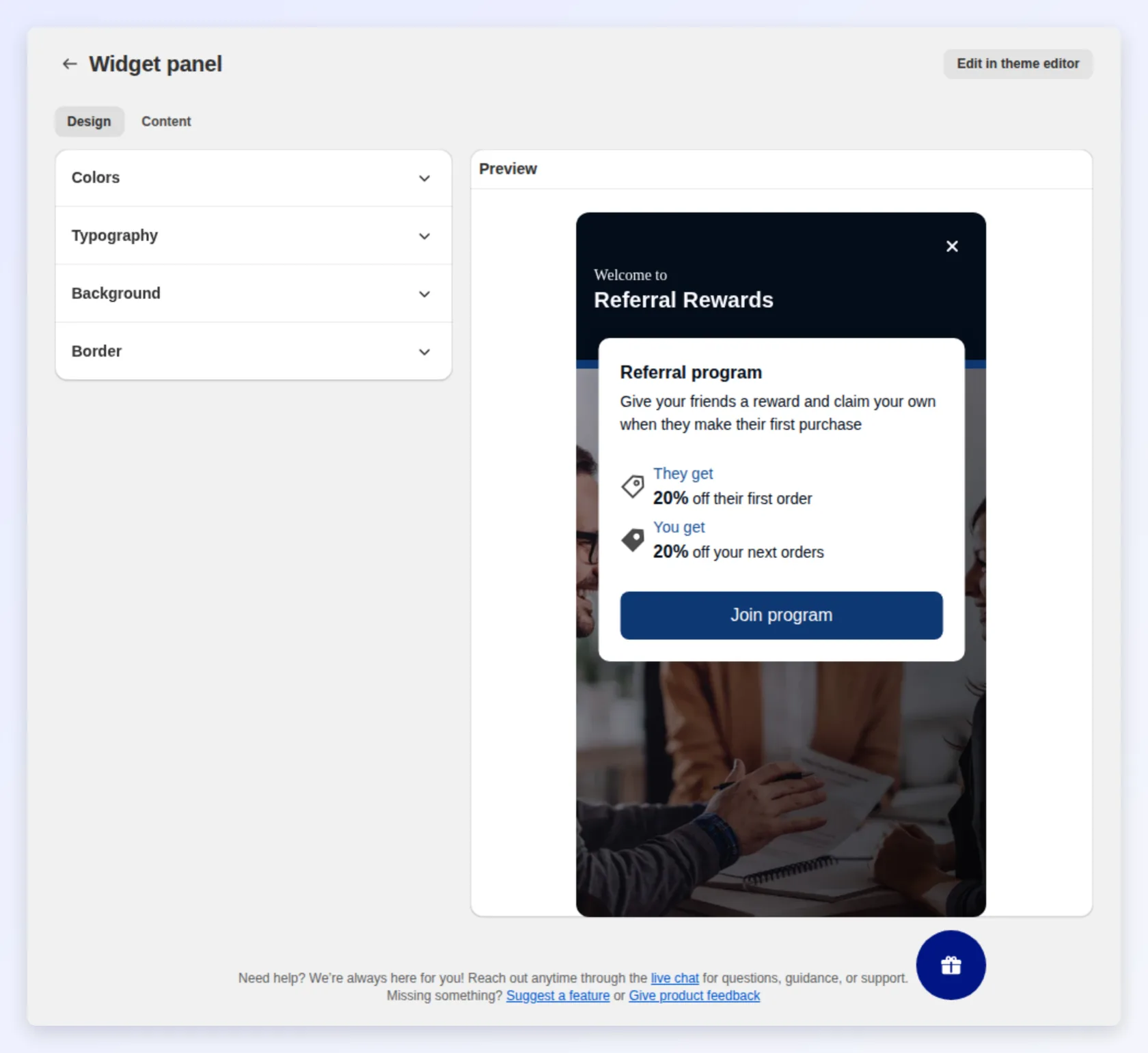 Editing the widget panel of a theme with a live preview