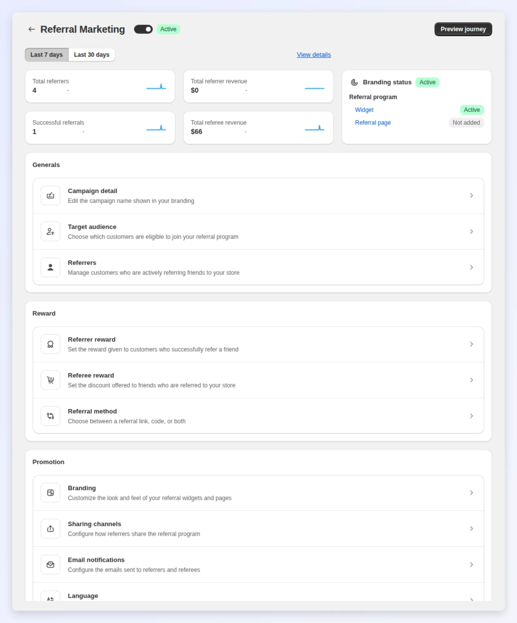 The Referral Marketing campaign page in Bloop with stats, branding status and setup cards