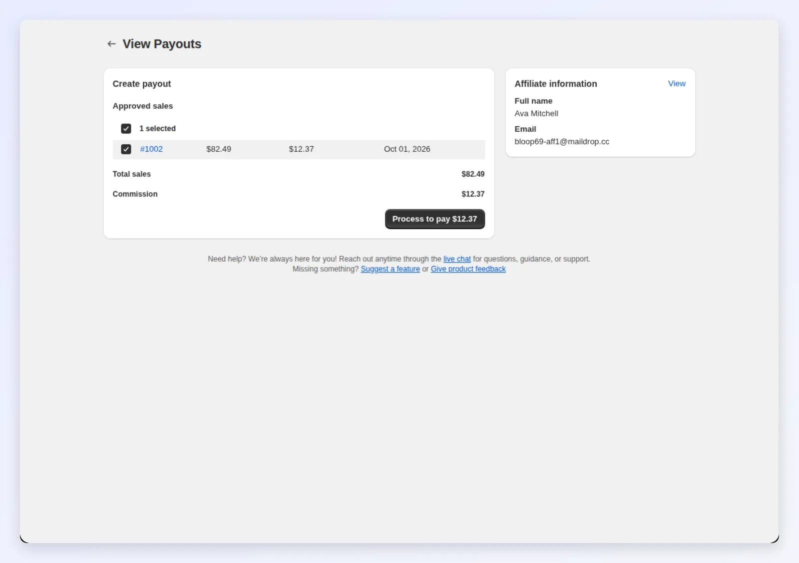 Create payout: approved sales selected, total sales and commission