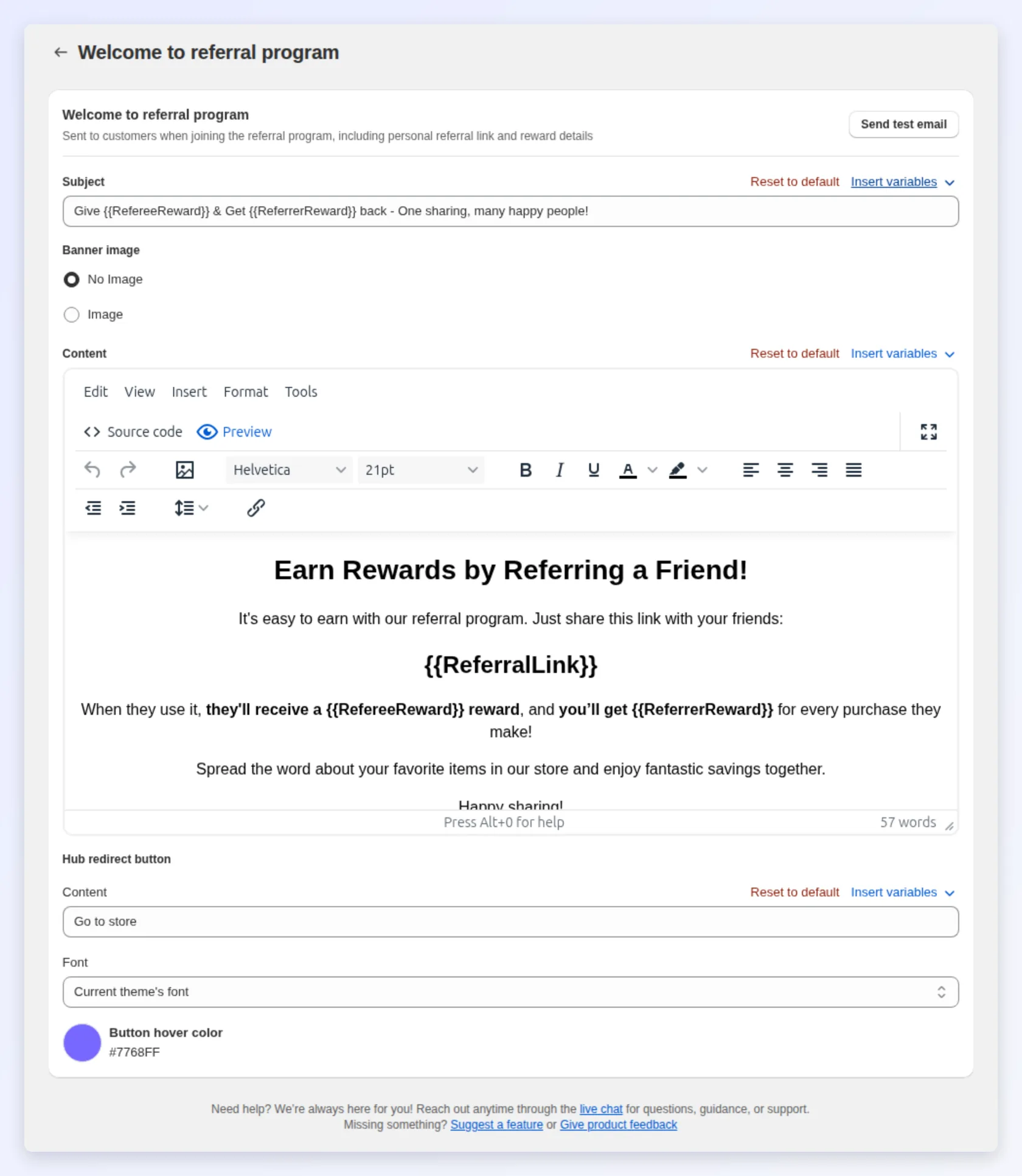 Editing the Welcome to referral program template
