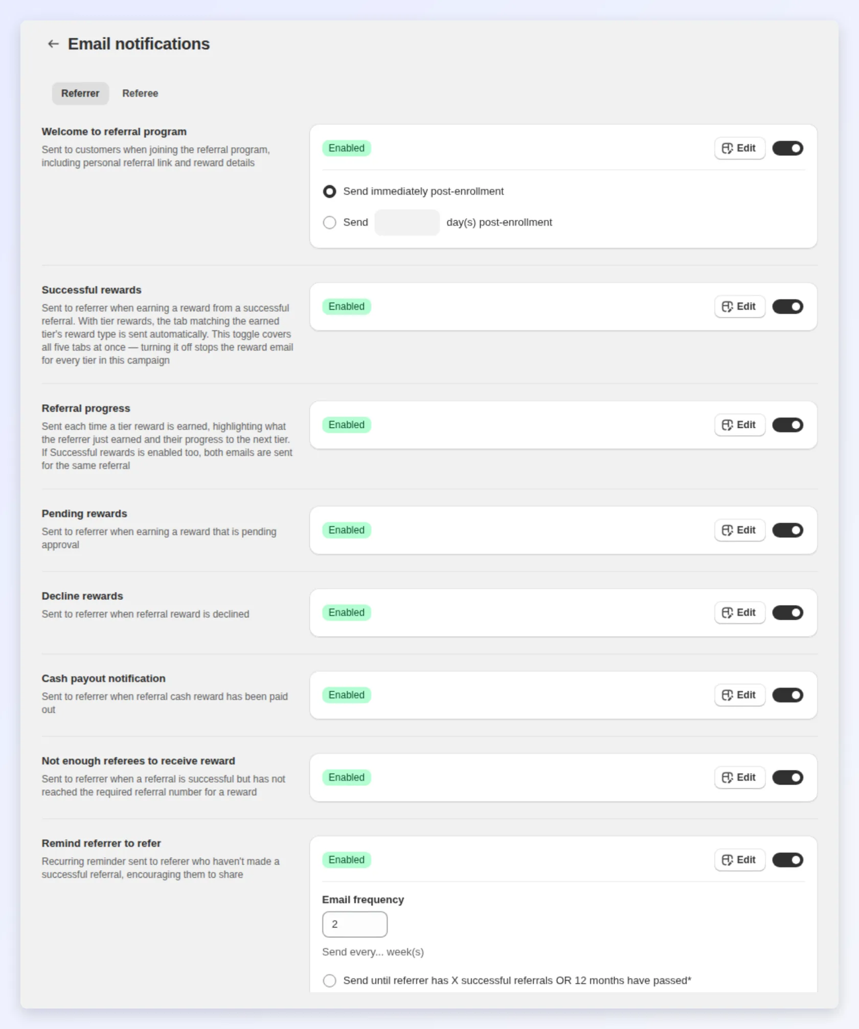 Referral email notifications with on/off switches