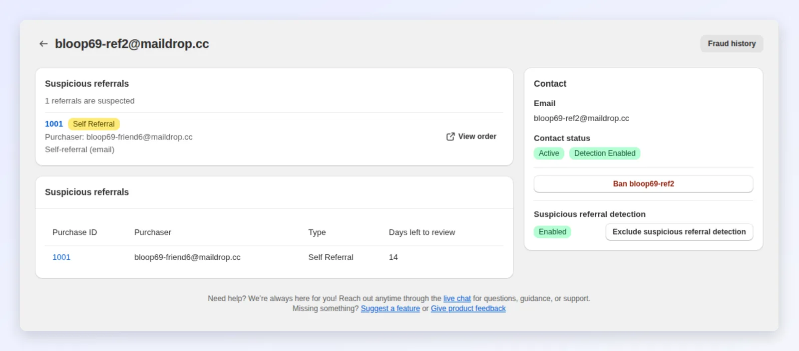 A flagged referrer with Ban and Exclude from detection actions