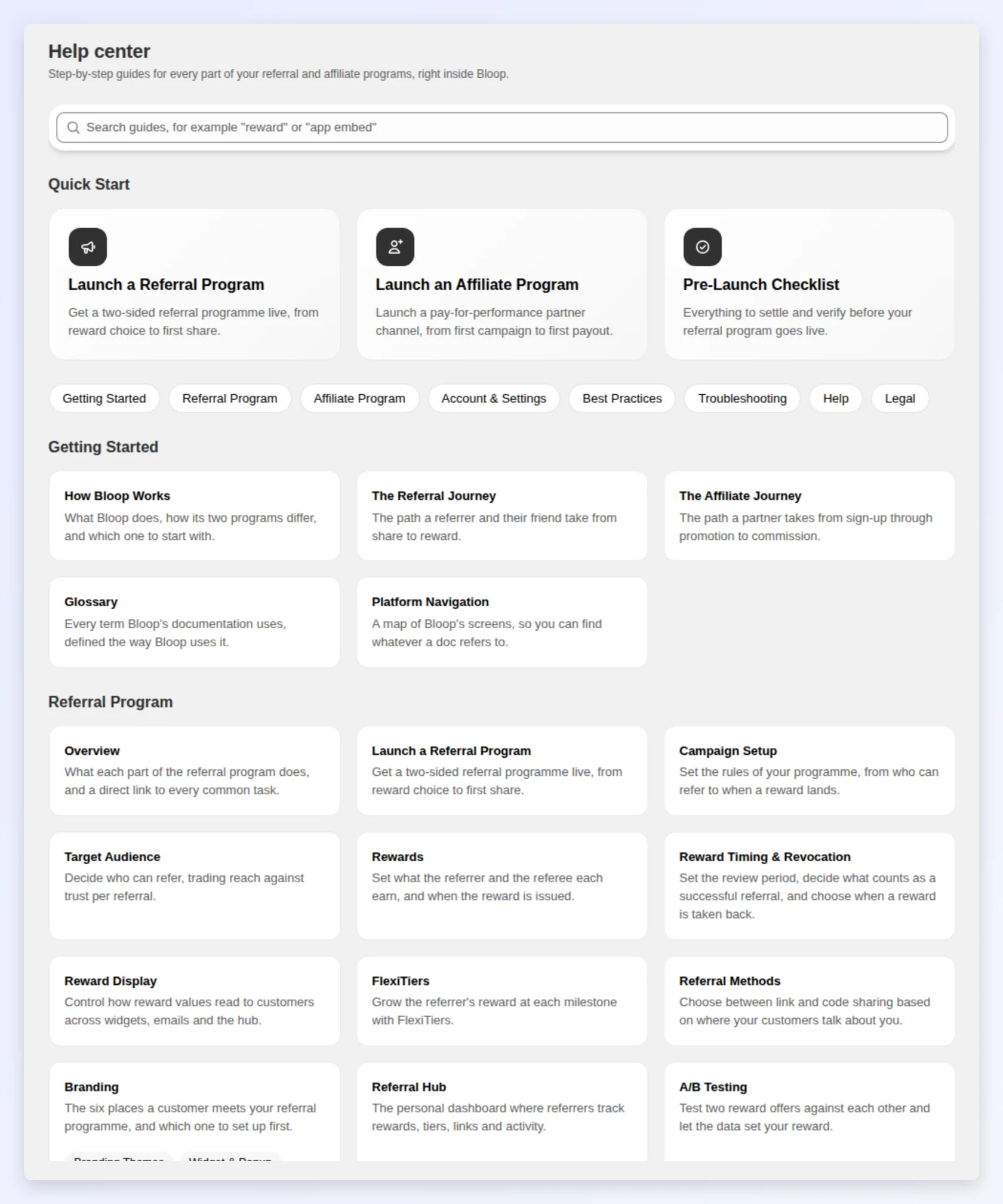 The Help center inside Bloop with step-by-step guides