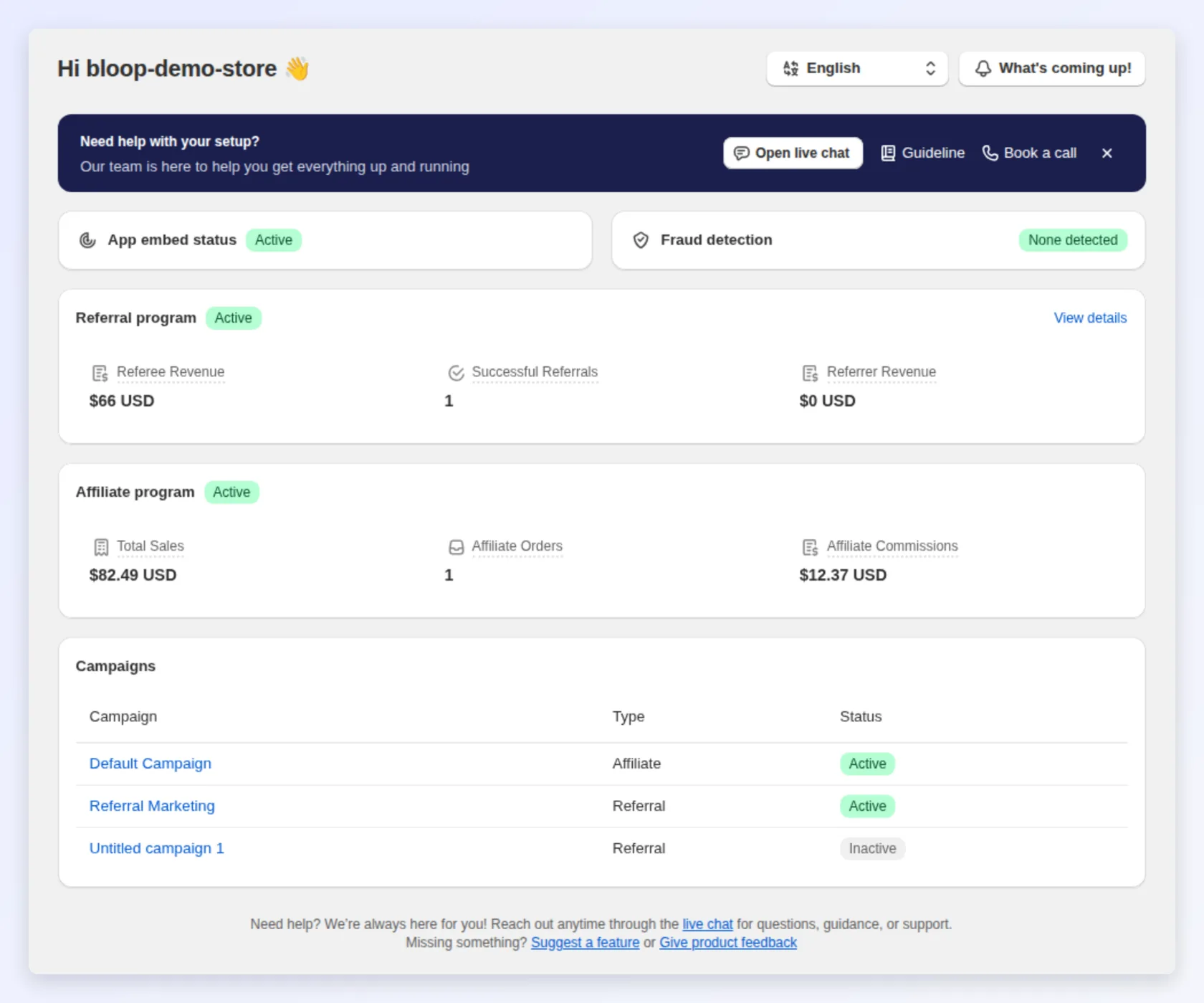 The Bloop home screen showing App embed status, fraud detection and both programs