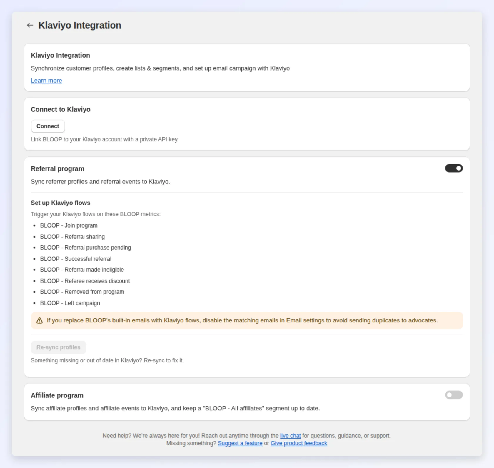 The Klaviyo integration page