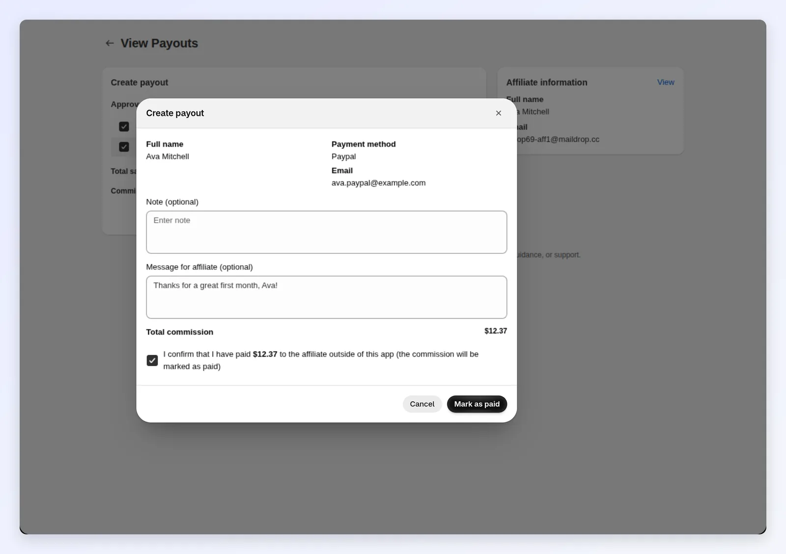 The payout confirmation with payment method, note and message