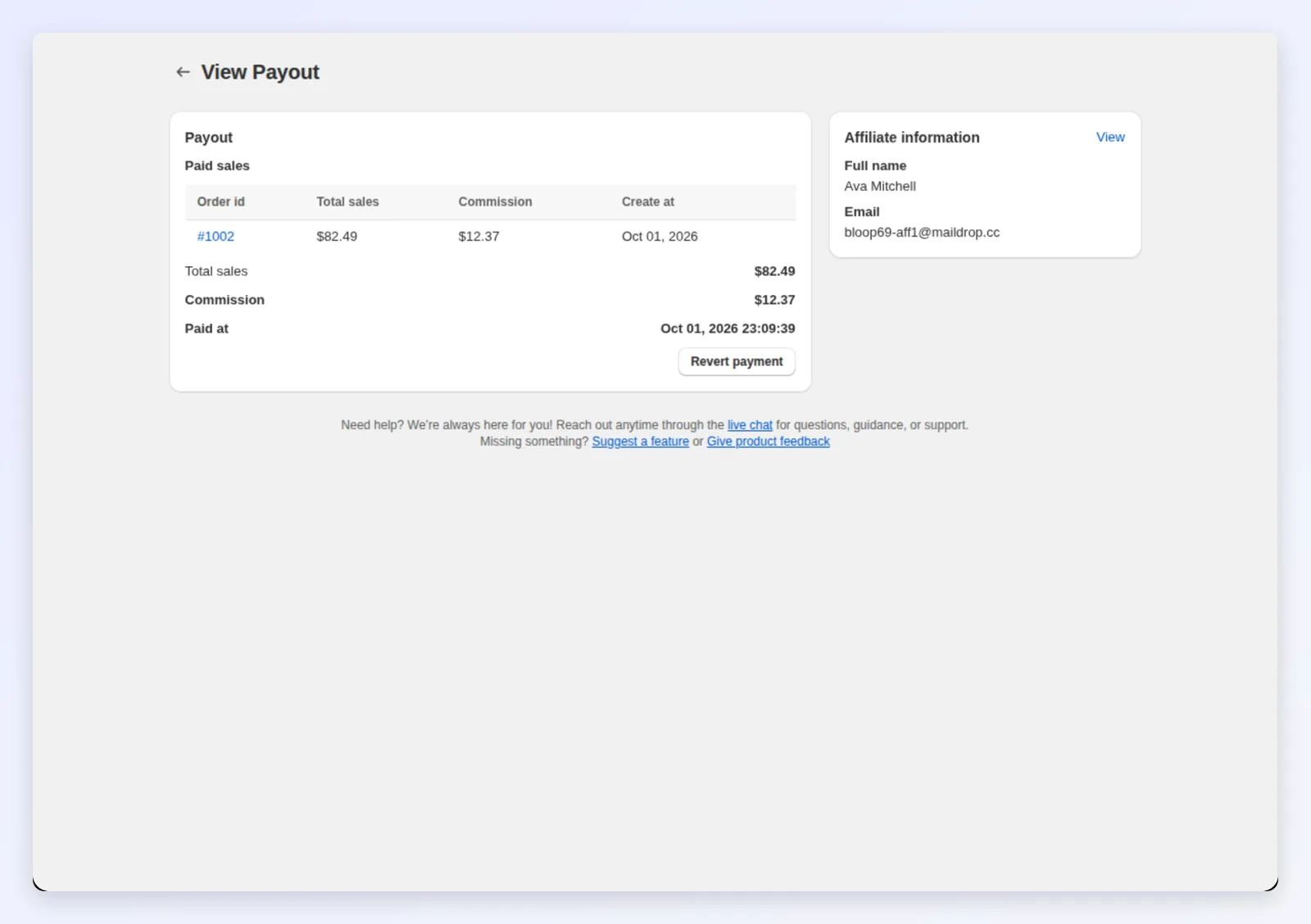 A paid payout with its sales and payment date