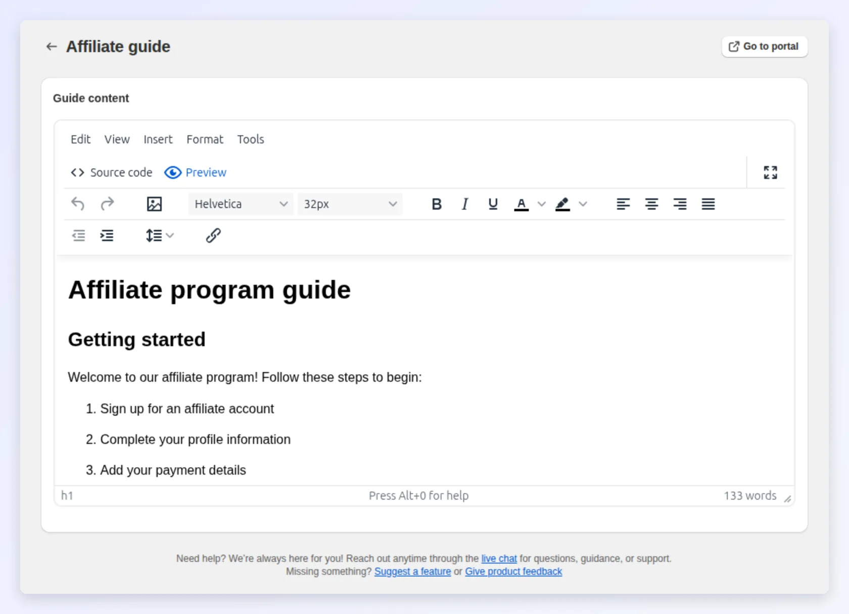 Editing the affiliate guide