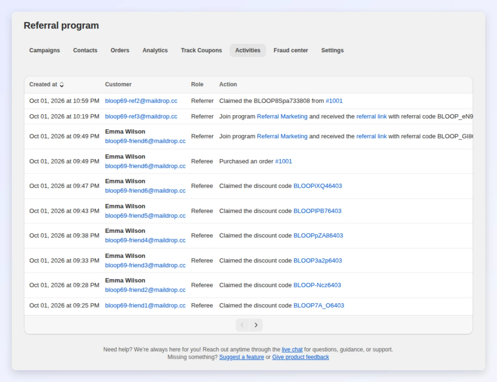 The Activities feed: joins, discount claims and purchases