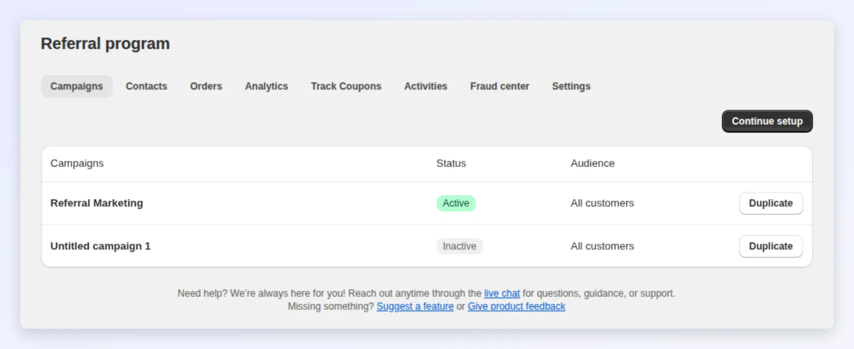 The Referral program page with its tabs and campaign list