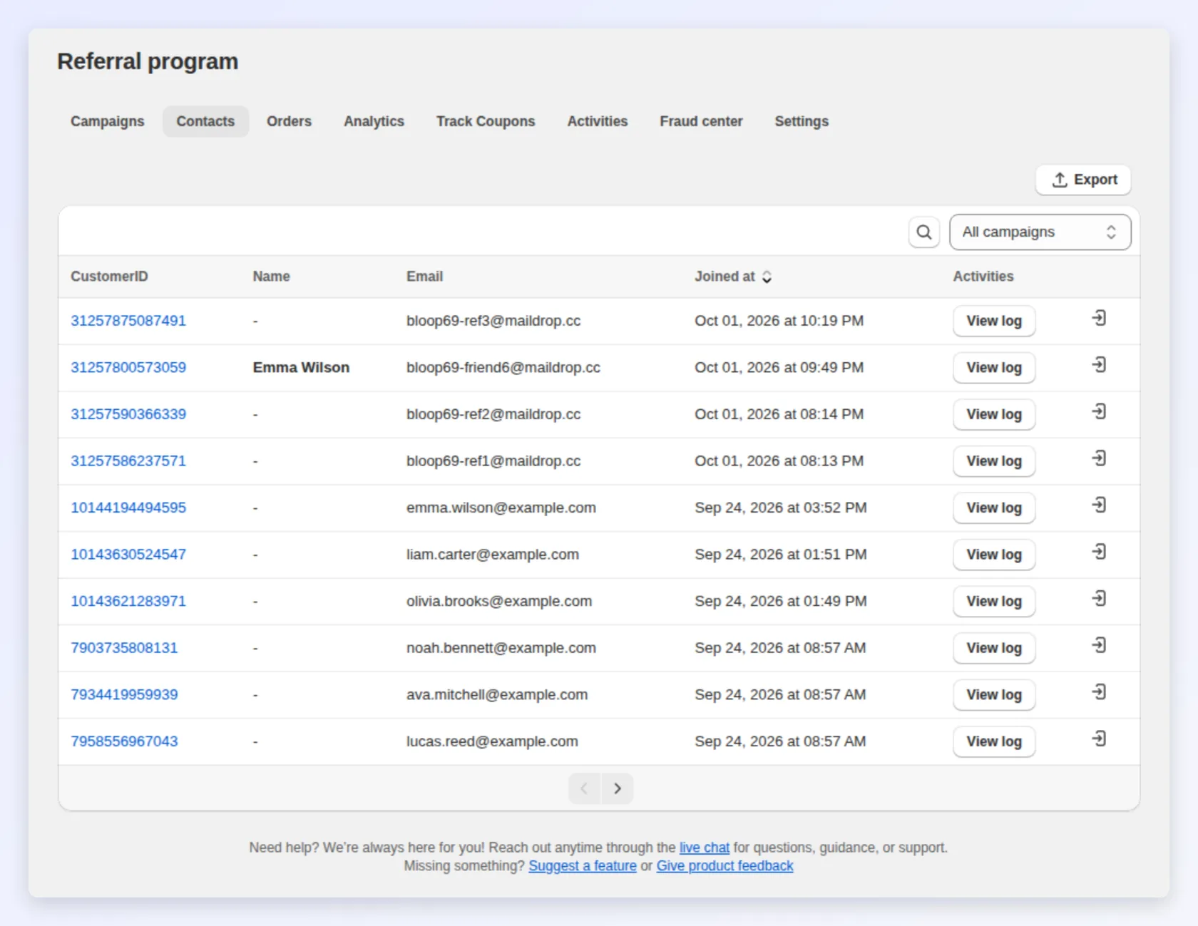 The Contacts tab listing referral program members