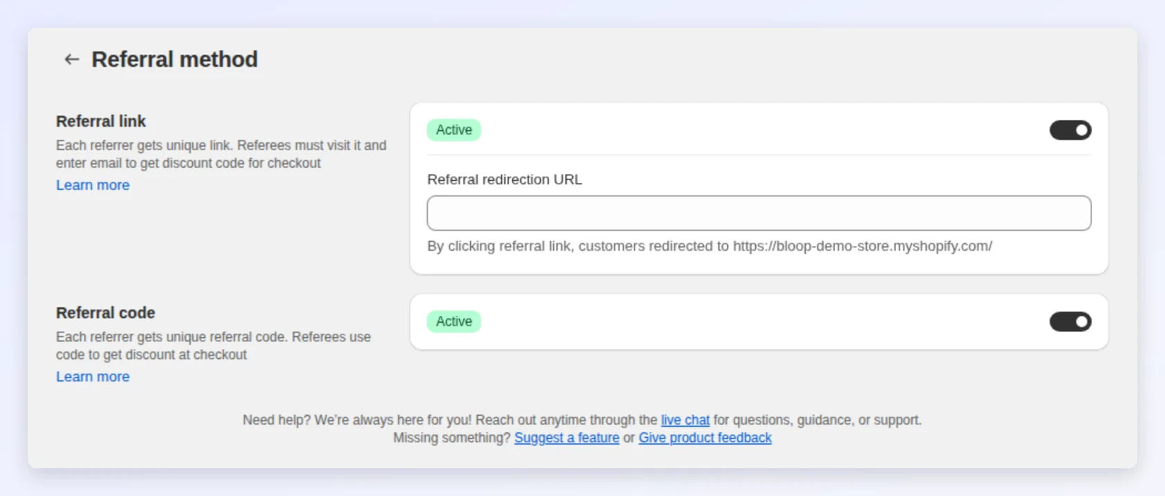 Referral link and referral code switches with the link redirect URL