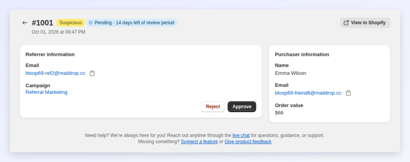 A referral order with referrer and purchaser details and Approve or Reject