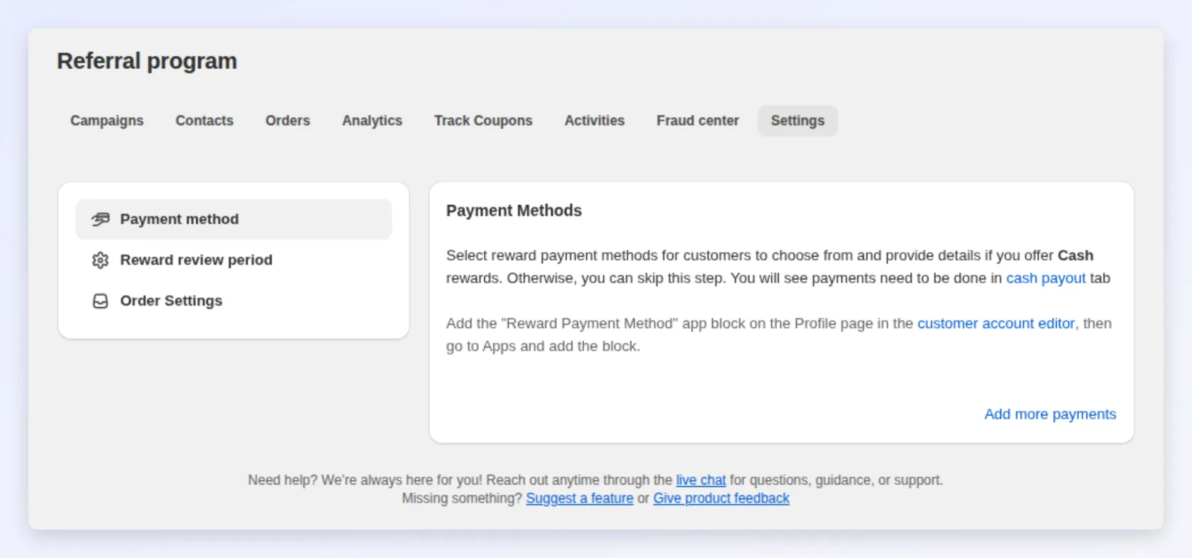 Referral Settings tab where reward timing is configured
