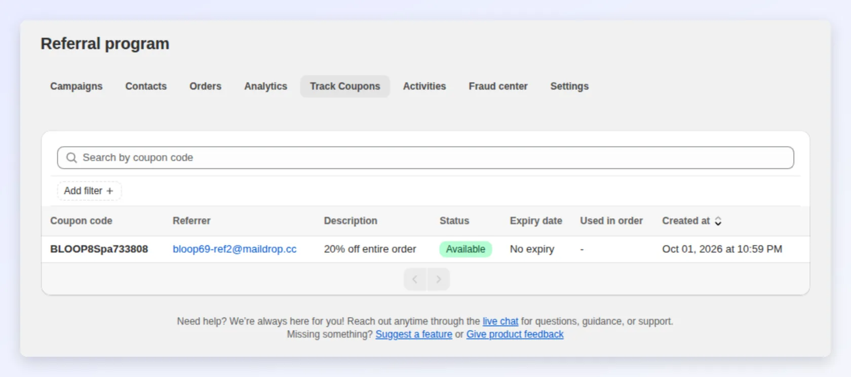 Track Coupons shows the status of every referral code