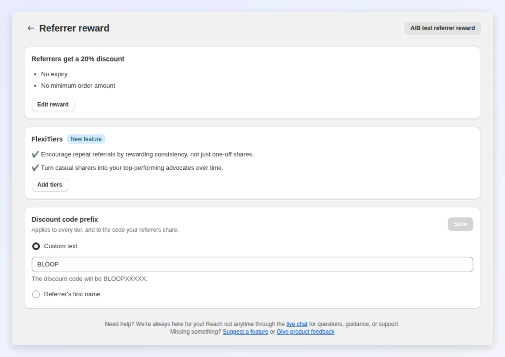 Referrer reward settings with a 20% discount, FlexiTiers and the discount code prefix