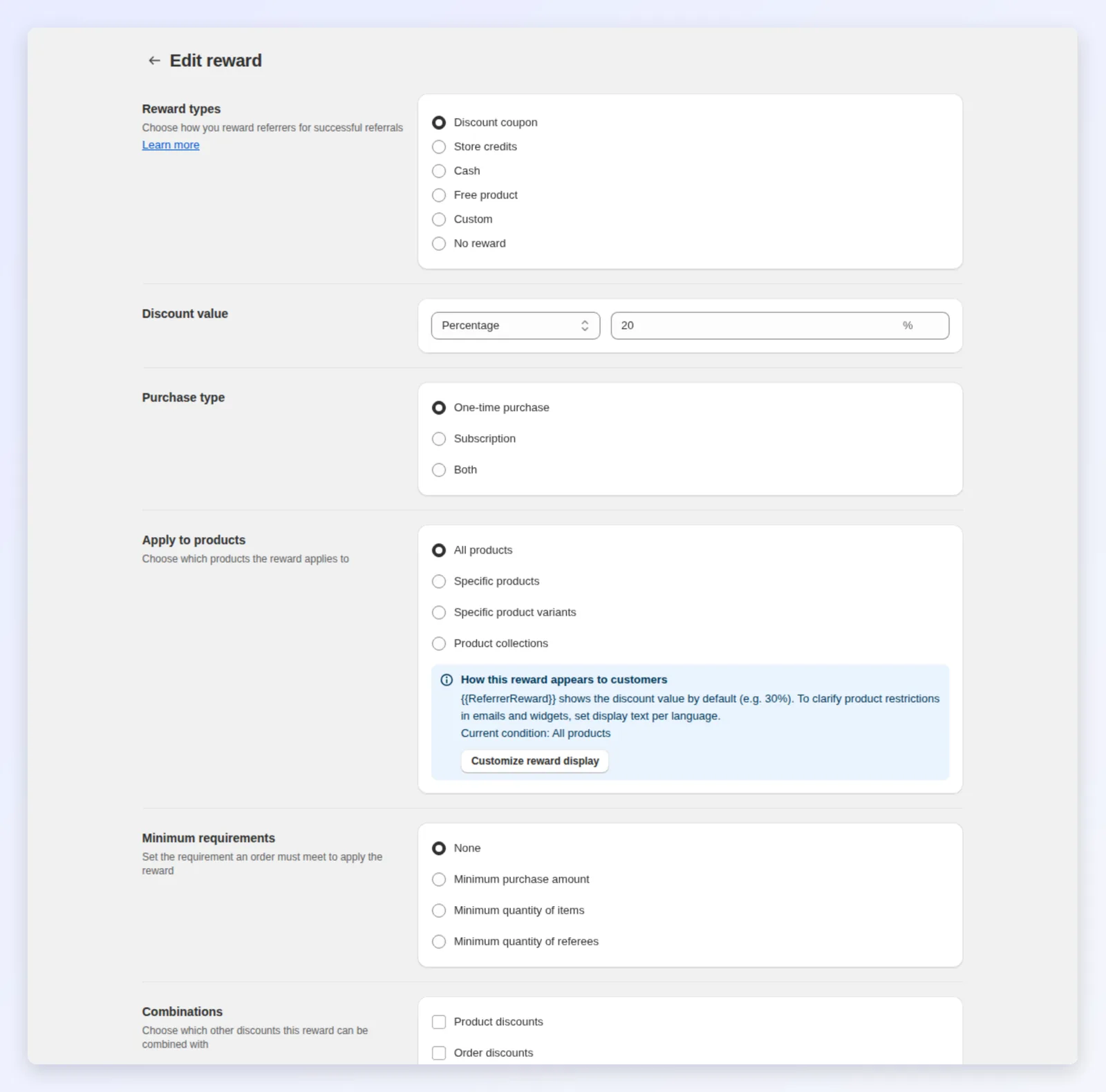 Editing the referrer reward: type, value, products, requirements and expiry