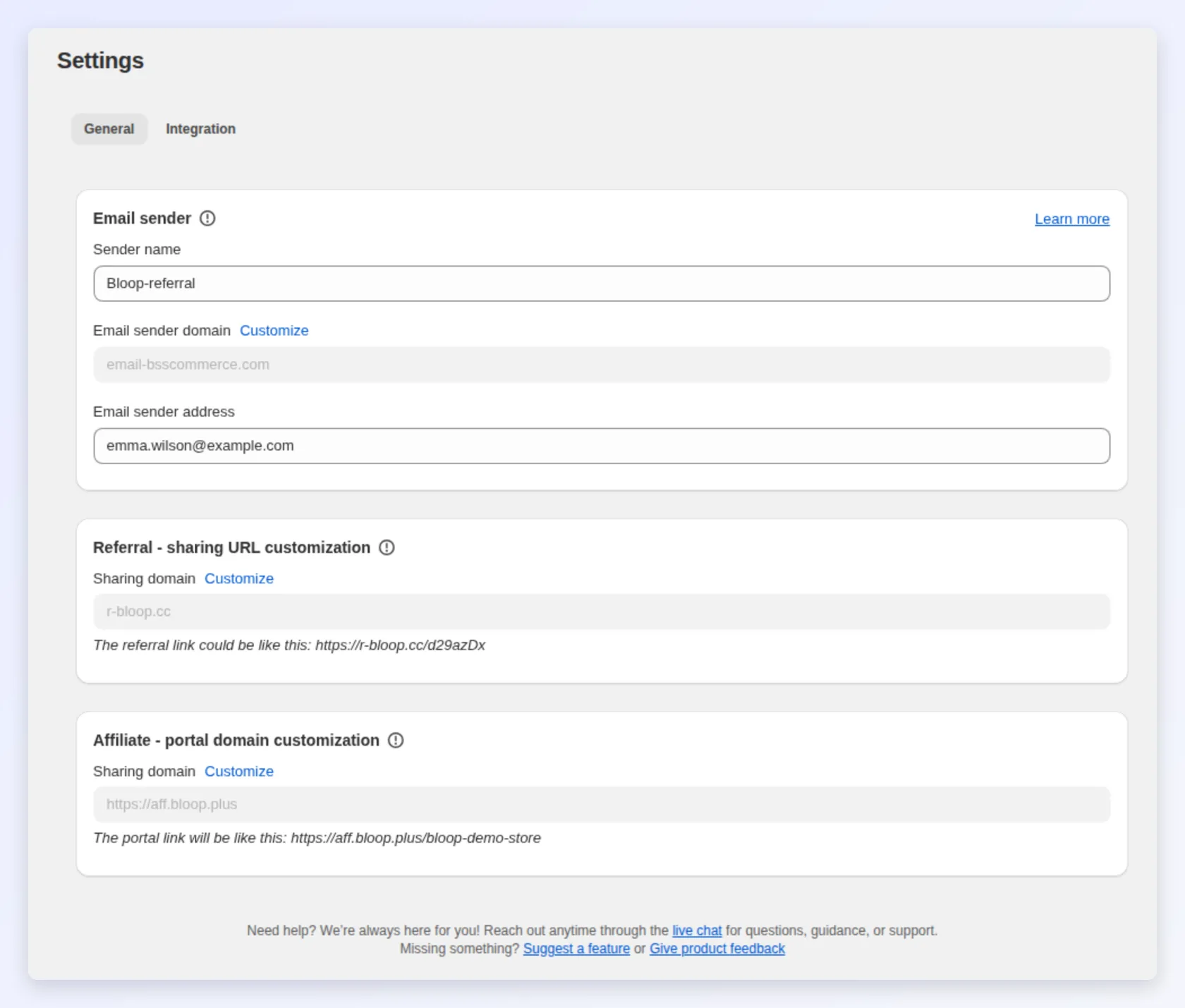 Email sender name and domain in Settings