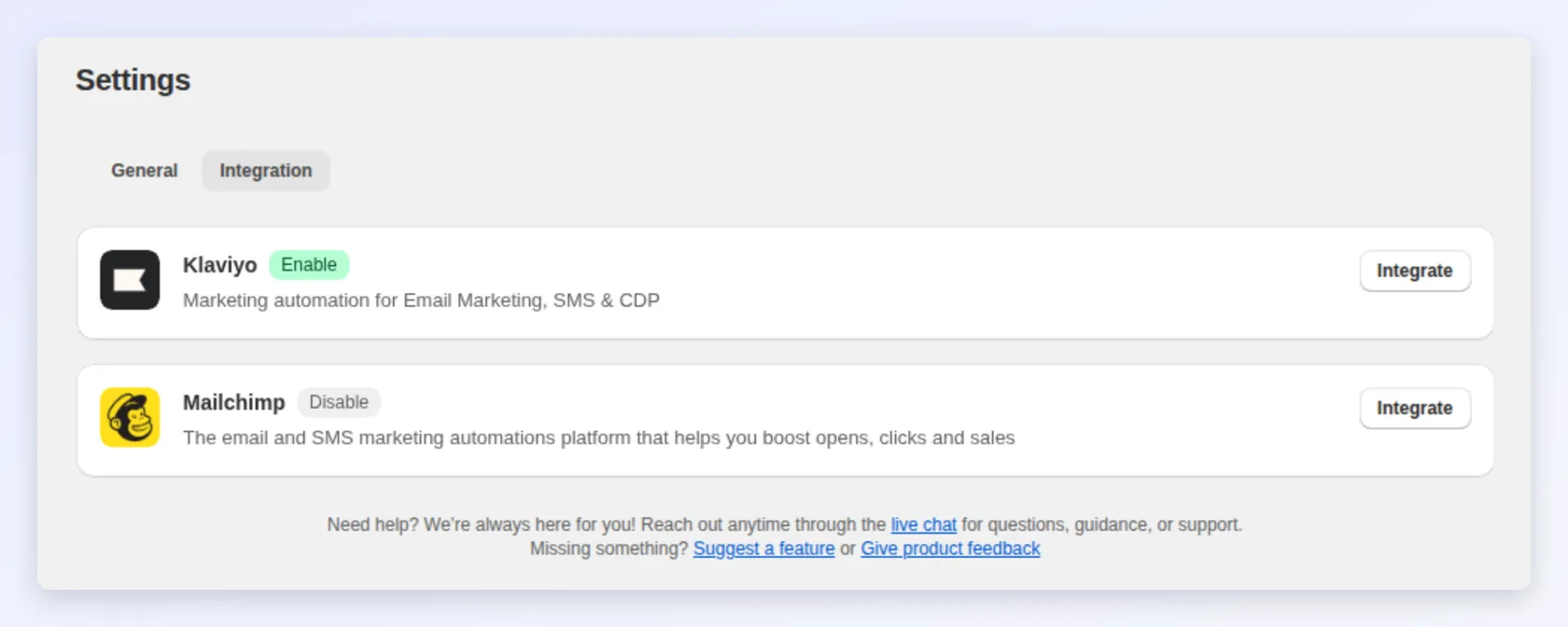 The Integration tab with Klaviyo and Mailchimp