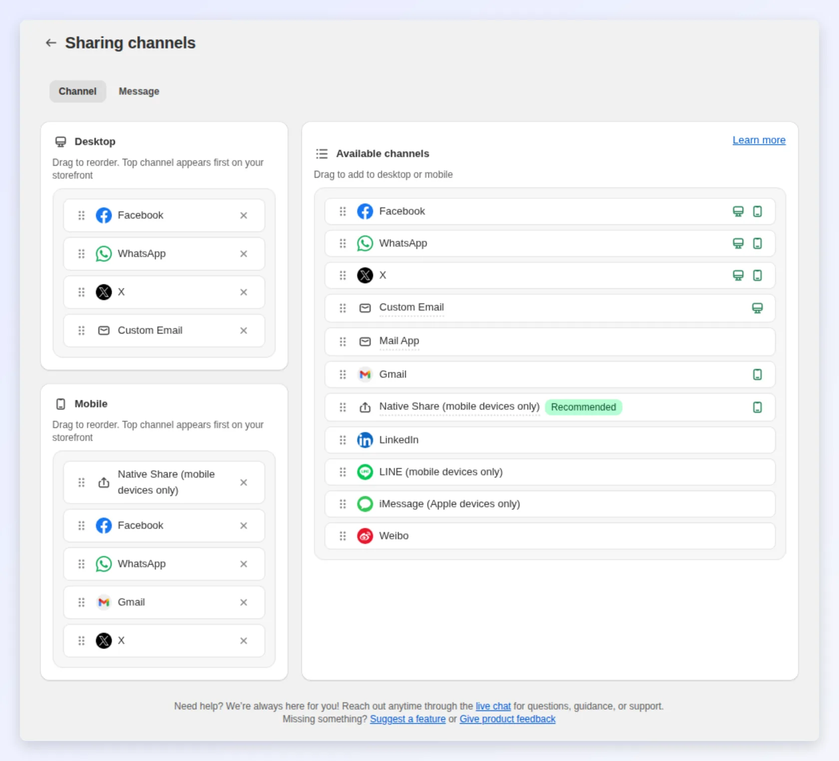 Sharing channels for desktop and mobile with drag-to-reorder lists