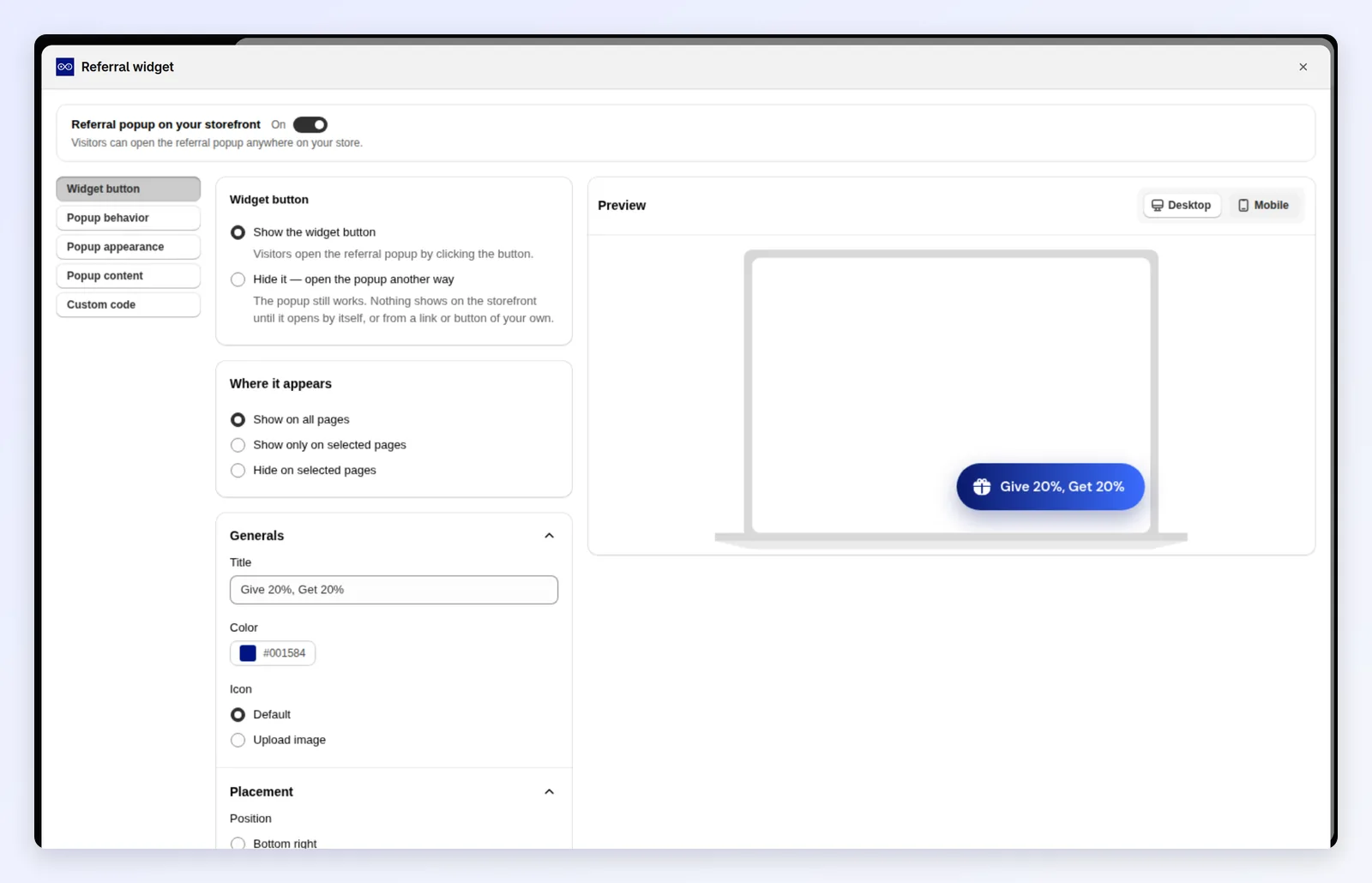The widget launcher editor with a live preview