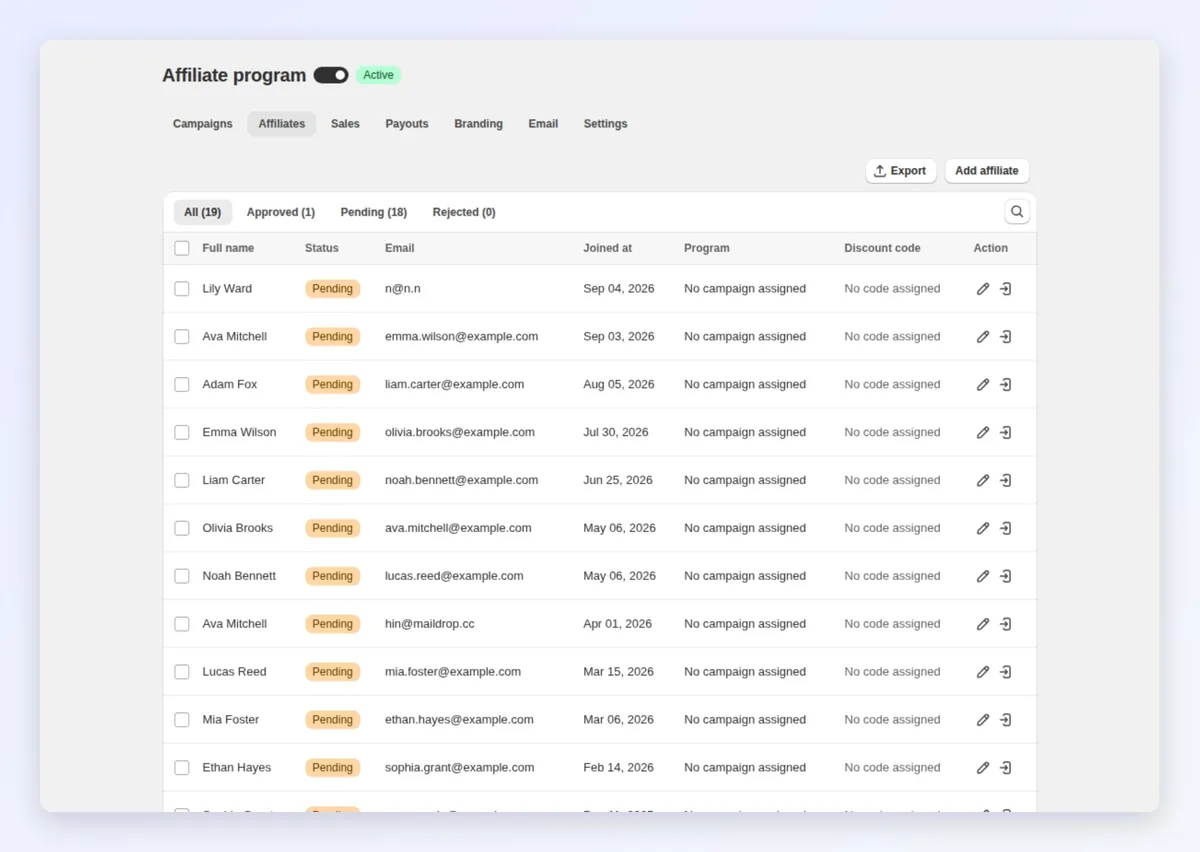 Adding an affiliate manually with first name, last name, email and campaign