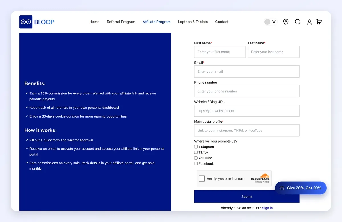 An applicant fills in the affiliate registration form