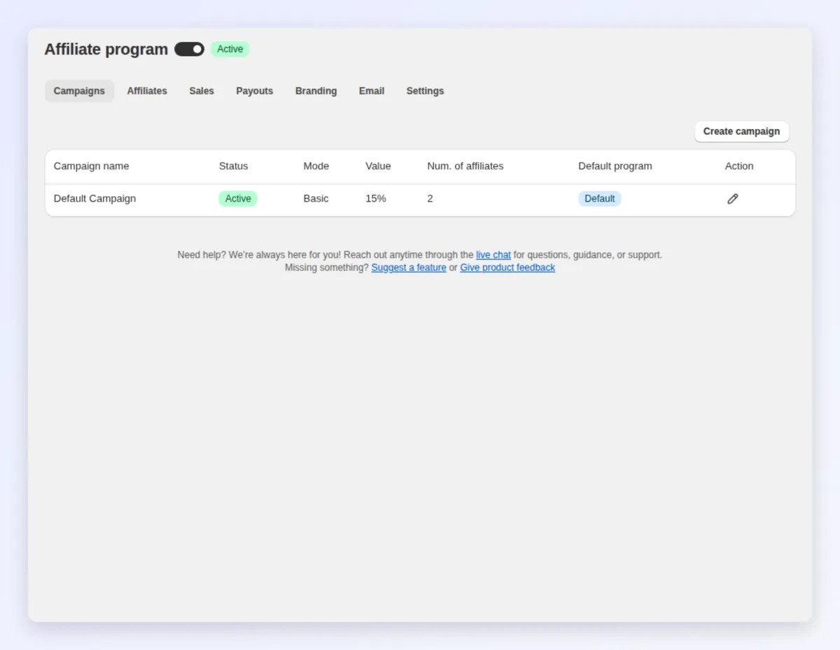 A tour of the Affiliate program tabs: Campaigns, Affiliates, Sales, Payouts, Branding, Email and Settings