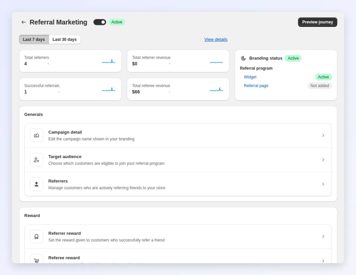 Campaign setup pages: overview, details, target audience, referrer and referee rewards