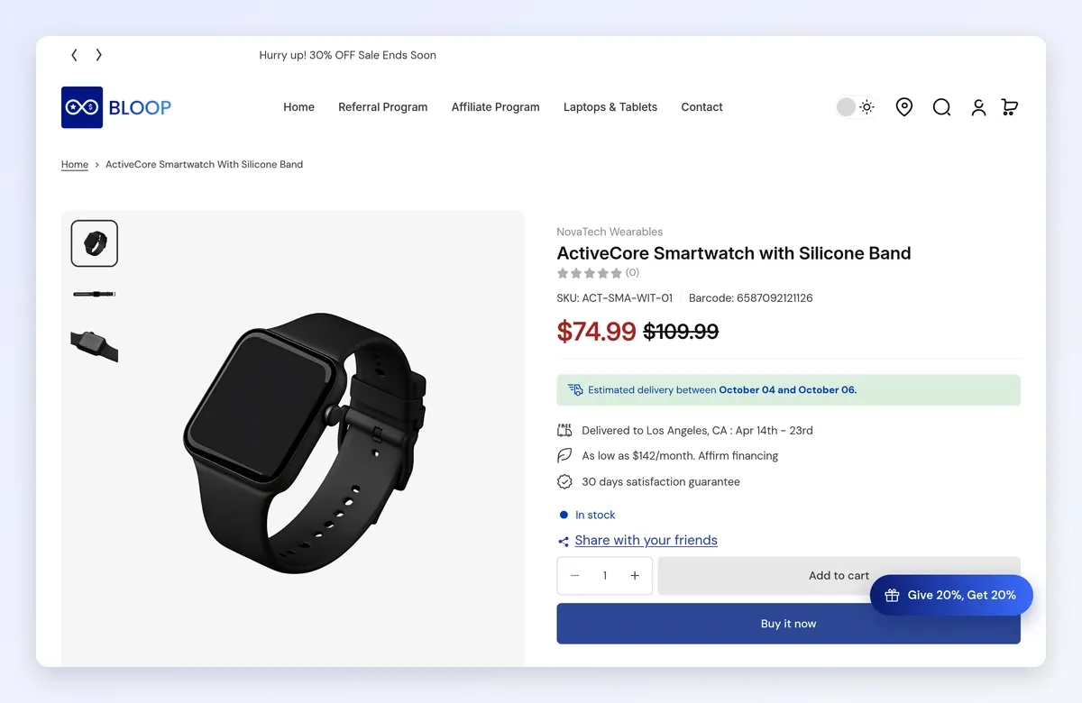 A test order from product page to checkout with the referral discount, then the thank-you page