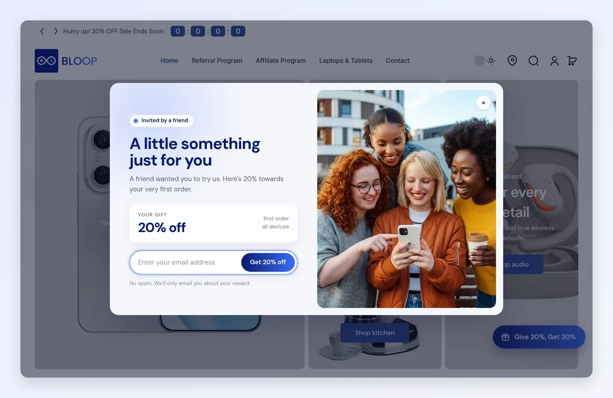 The invited friend sees a welcome popup, enters their email and gets a 20% code