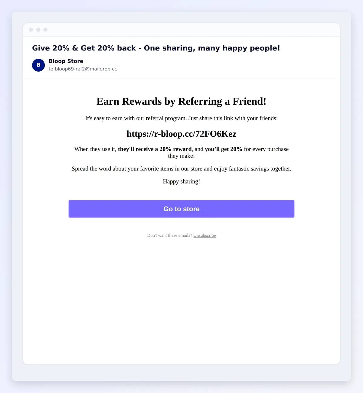 Opening the hub from the link in a Bloop email