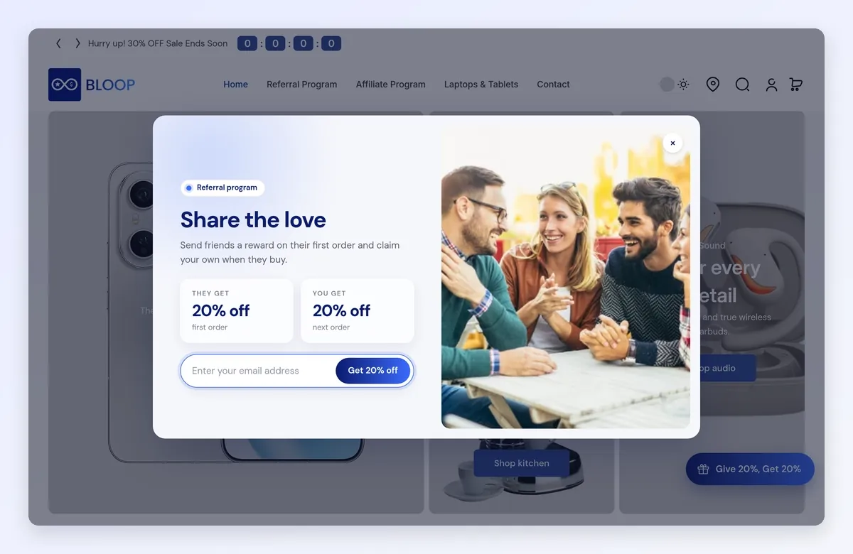 A shopper joins the referral program from the Bloop popup and gets a sharing link