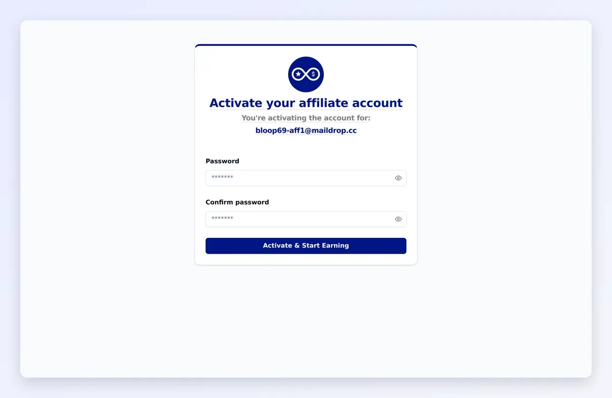An affiliate activates their account, signs in and lands on the portal dashboard