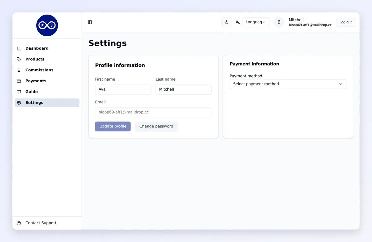 An affiliate adds a PayPal payout method in portal Settings